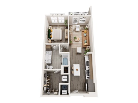 Floor plan for 1 bed, 1 bath, 732 sqft